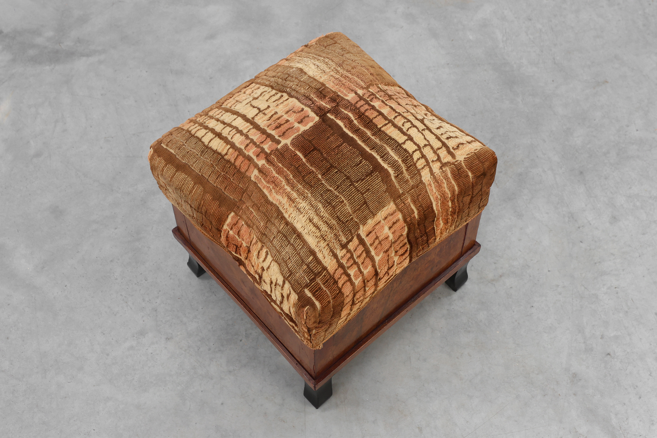 Pair Art Deco walnut stools with original velvet upholstery, Italy 1920sthumbnail